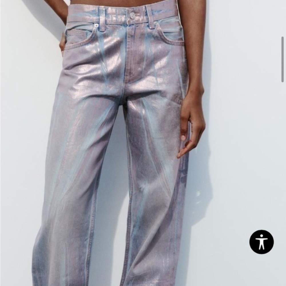 Zara NWT mid waist full length foil jeans metallic 6045/036